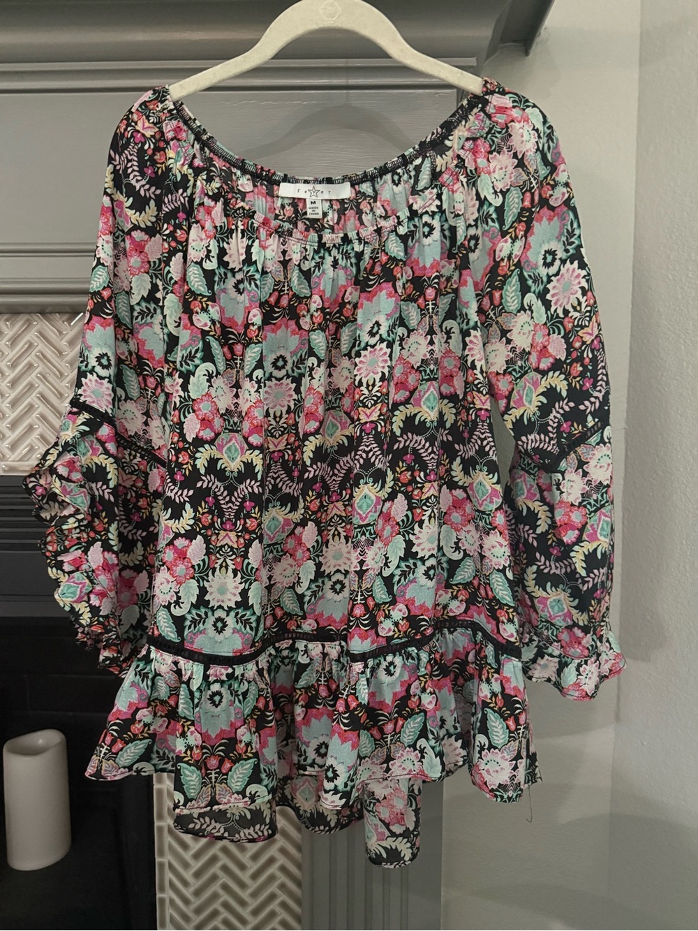 Fever Floral Off-Shoulder Tunic in Black, Pink & Mint